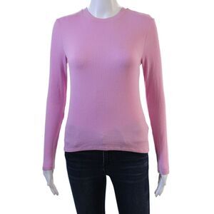 Kirna Zabete Women Striped Long Sleeve Basic T-Shirt Pink Rayon Size S